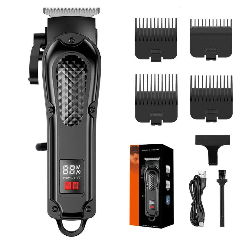 A black professional cordless and wired hair clippers set with various attachments shown against a white background.