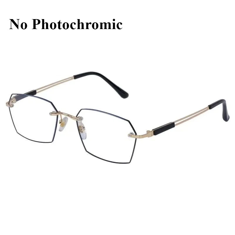 A pair of clear-framed reading glasses with gold accents and black arms.