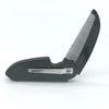 A black portable mini pocket beard comb with fine teeth and a silver blade.