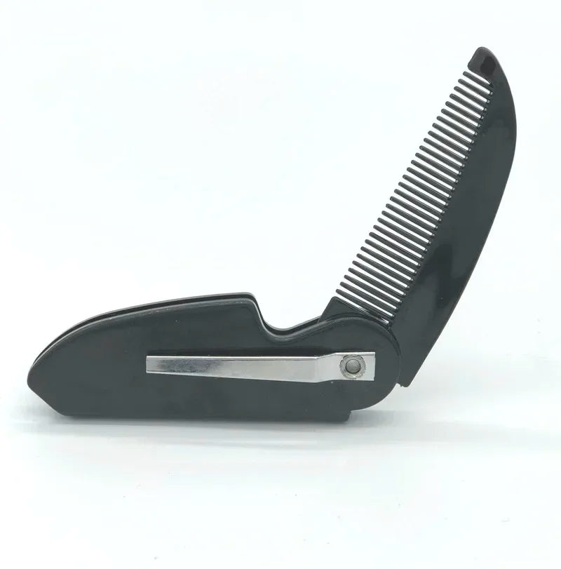 A black portable mini pocket beard comb with fine teeth and a silver blade.