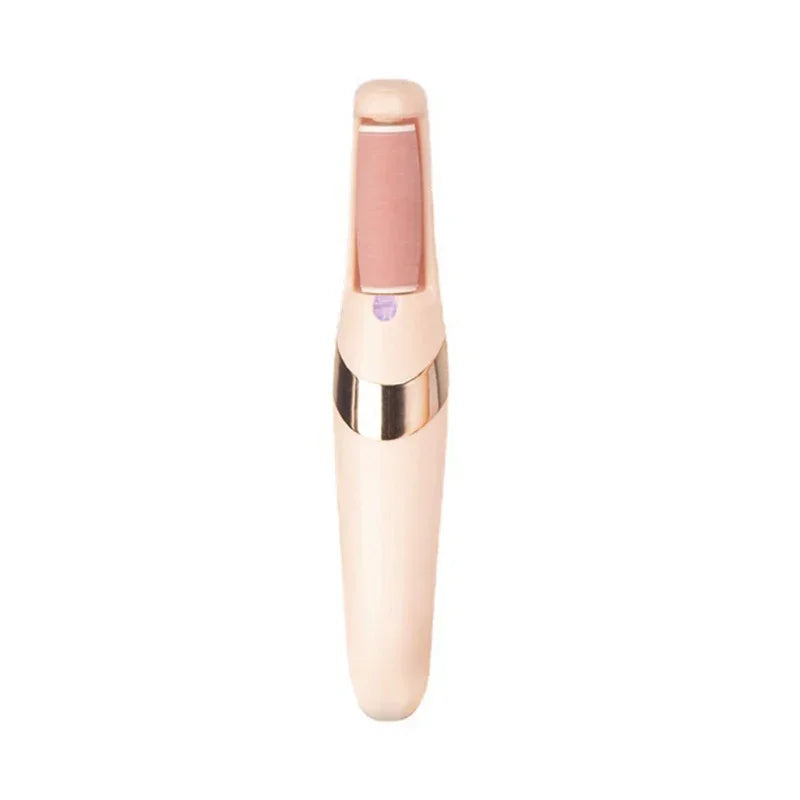 A light pink automatic electric foot grinder with a beige head and silver accents.