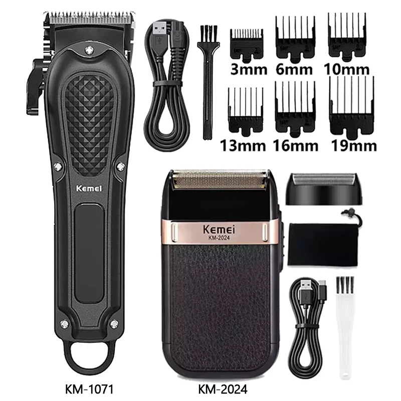 A set of Kemei beard and hair trimmers, including various guard sizes and a main trimmer unit.