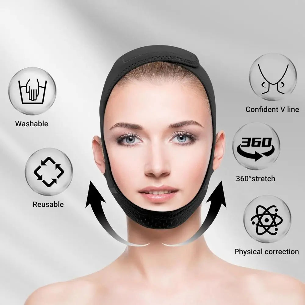A woman wearing a black adjustable face slimming strap for jawline contouring, highlighting its washable, reusable, 360° stre