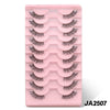 A pink plastic tray holding multiple pairs of clear band cat eye false eyelashes.