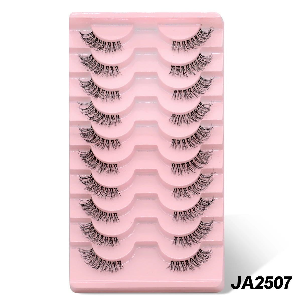 A pink plastic tray holding multiple pairs of clear band cat eye false eyelashes.
