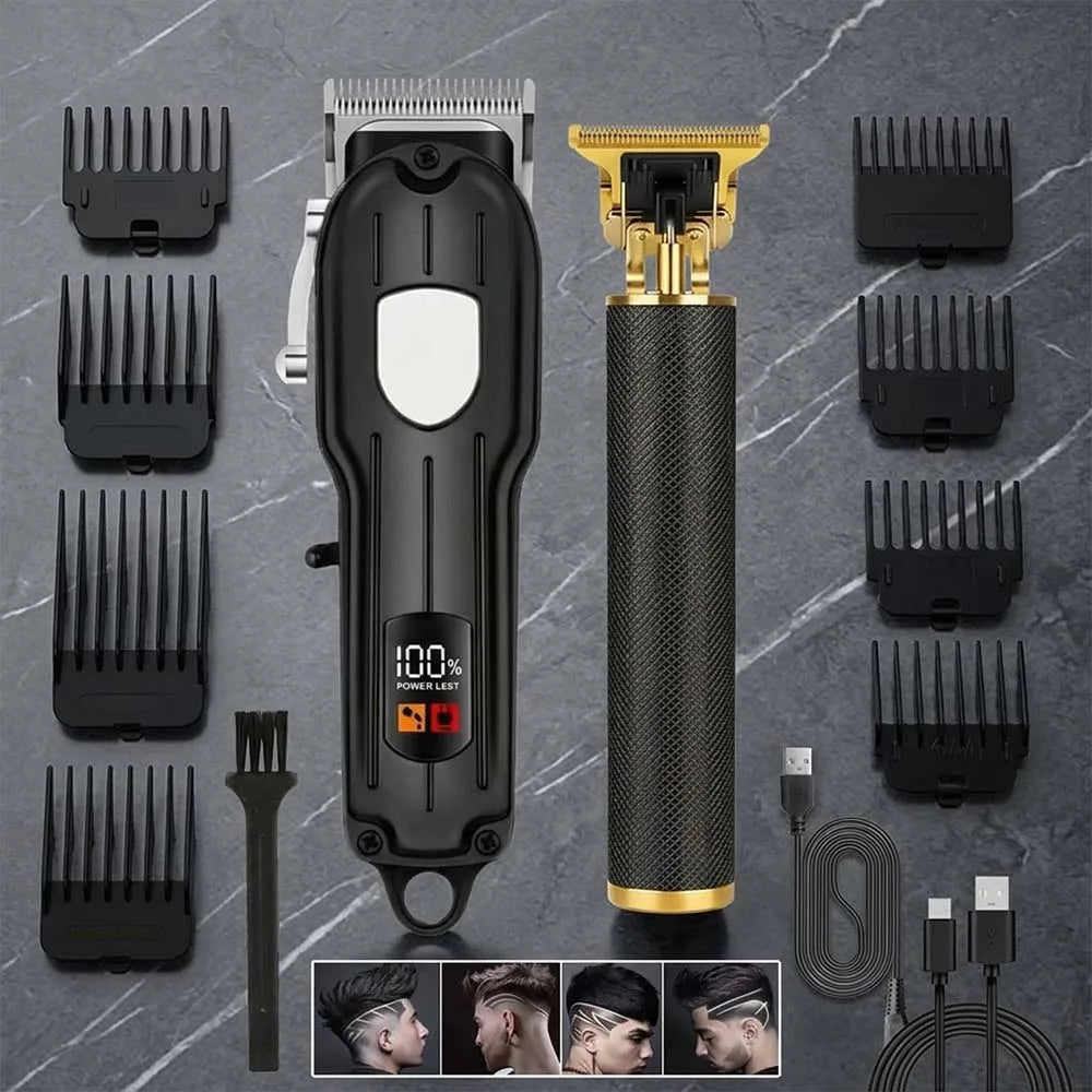 Ein Set aus professionellen 3-in-1 kabellosen Haarschneidern und Aufsätzen vor grauem Hintergrund.