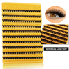 A yellow lash strip product showing various density and style lash clusters for eye extensions.