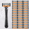 A precision multi-blade shaver with orange and black components is shown against a white background.