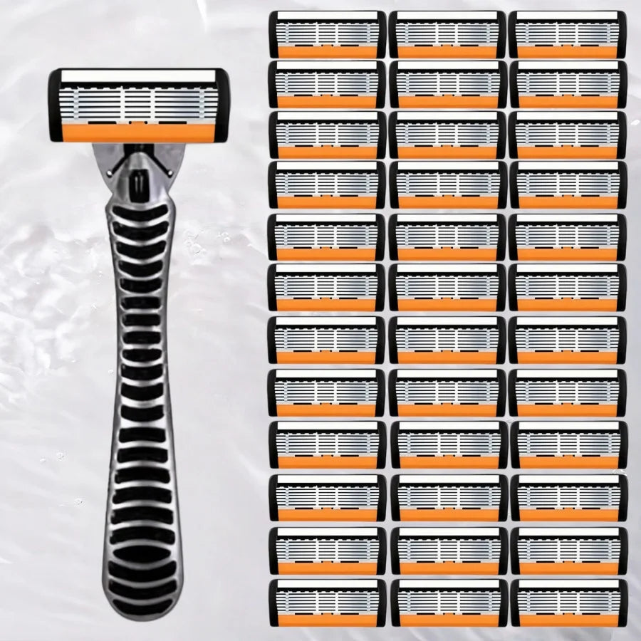 A precision multi-blade shaver with orange and black components is shown against a white background.