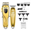 A set of gold Kemel electric hair clippers and accessories including blades and a charging cable.