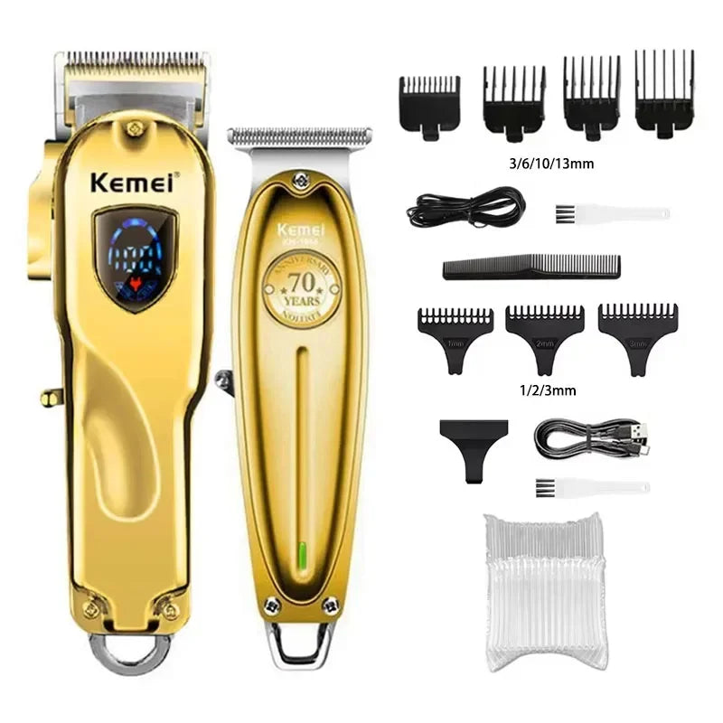 A set of gold Kemel electric hair clippers and accessories including blades and a charging cable.