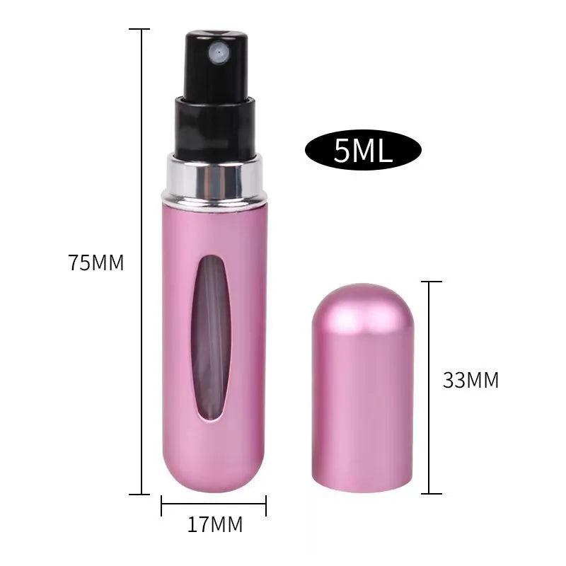 A pink glass perfume bottle with a black cap and silver accents, shown from the side.
