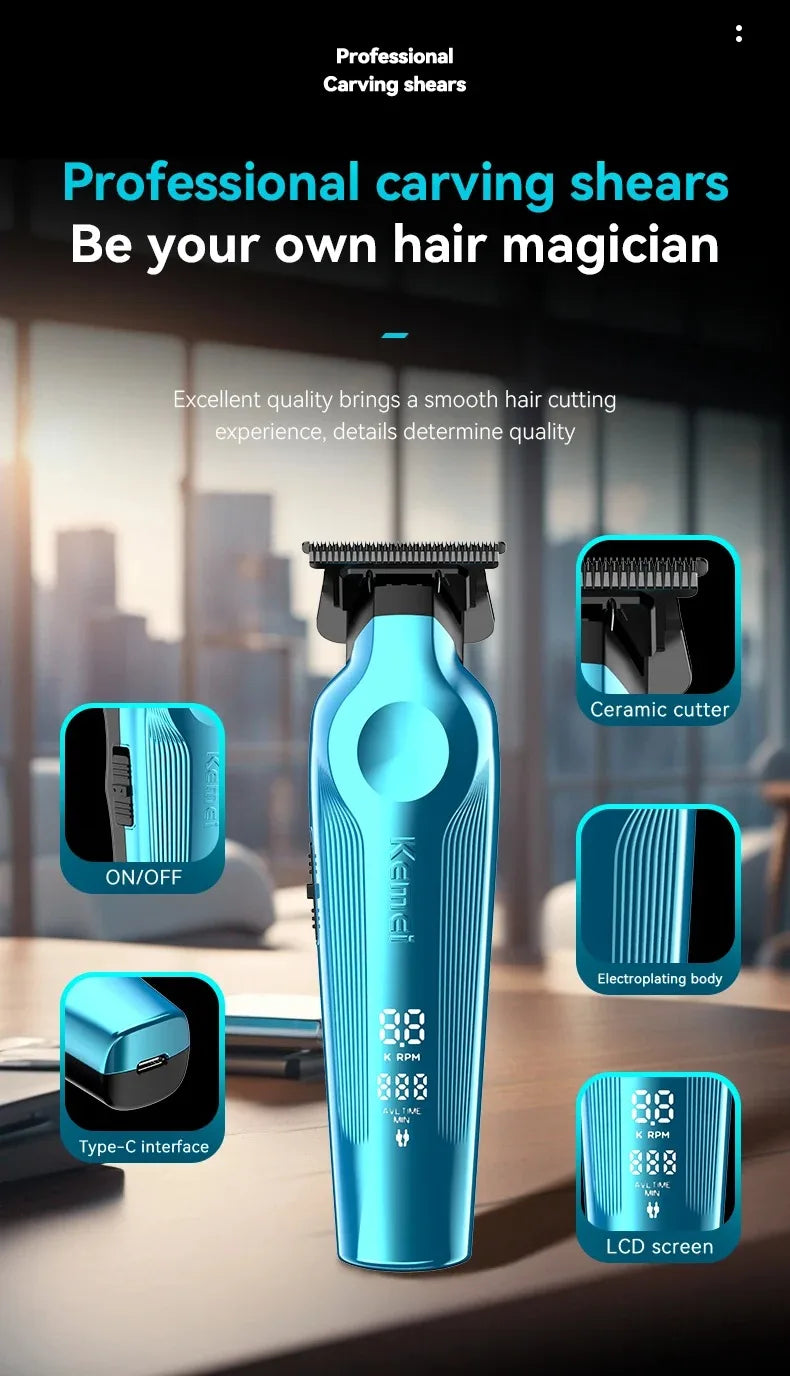 Blassblaue professionelle Haarschere mit Keramikcutter, Elektroplattierung und LCD-Display.
