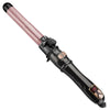 A pink and black automatic rotating curling iron with a textured barrel and handle.
