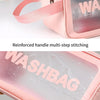 Pink transparent PVC cosmetic storage bag with reinforced handle and anti-fouling features