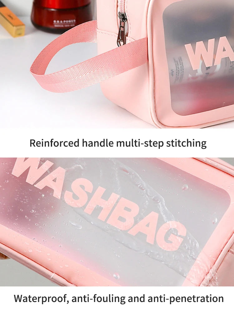 Pink transparent PVC cosmetic storage bag with reinforced handle and anti-fouling features
