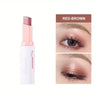 A tube of red-brown eyeshadow stick with a gradient finish shown next to close-up application examples on an eye.
