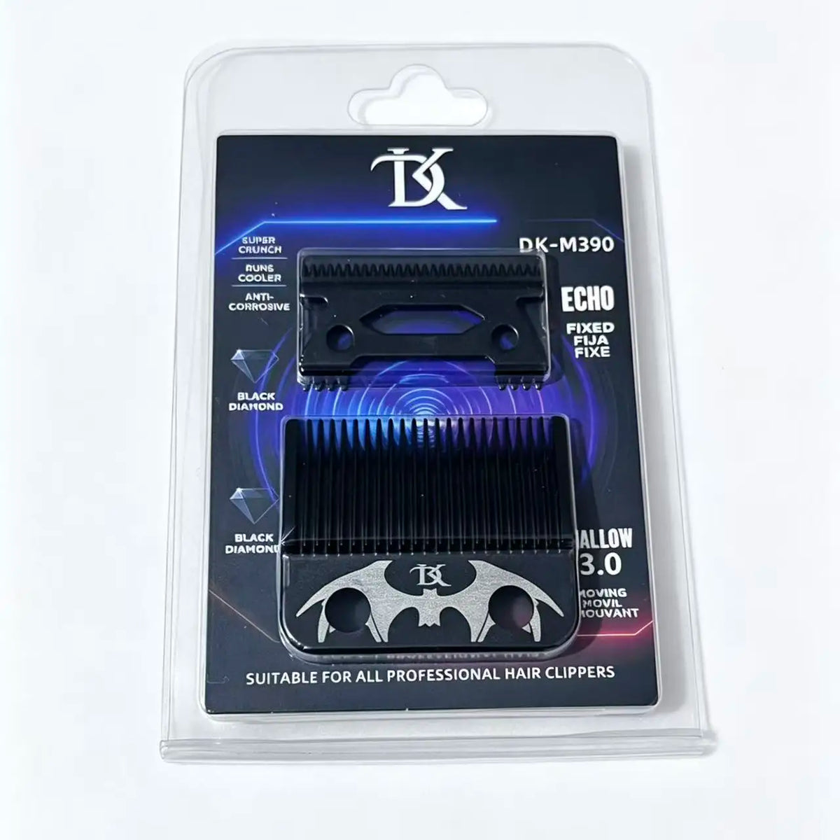 A packaged set of DK-M390 fixed hair clipper blades for professional use.