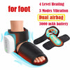 A black electric foot massager with a dual airbag and 3000mAh battery is shown being used on a foot.