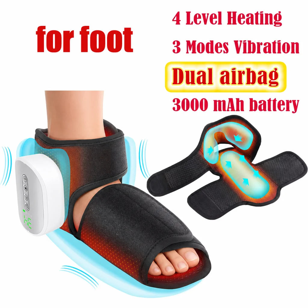 A black electric foot massager with a dual airbag and 3000mAh battery is shown being used on a foot.