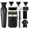 A set of professional cordless electric hair clippers and accessories including various guards and combs.