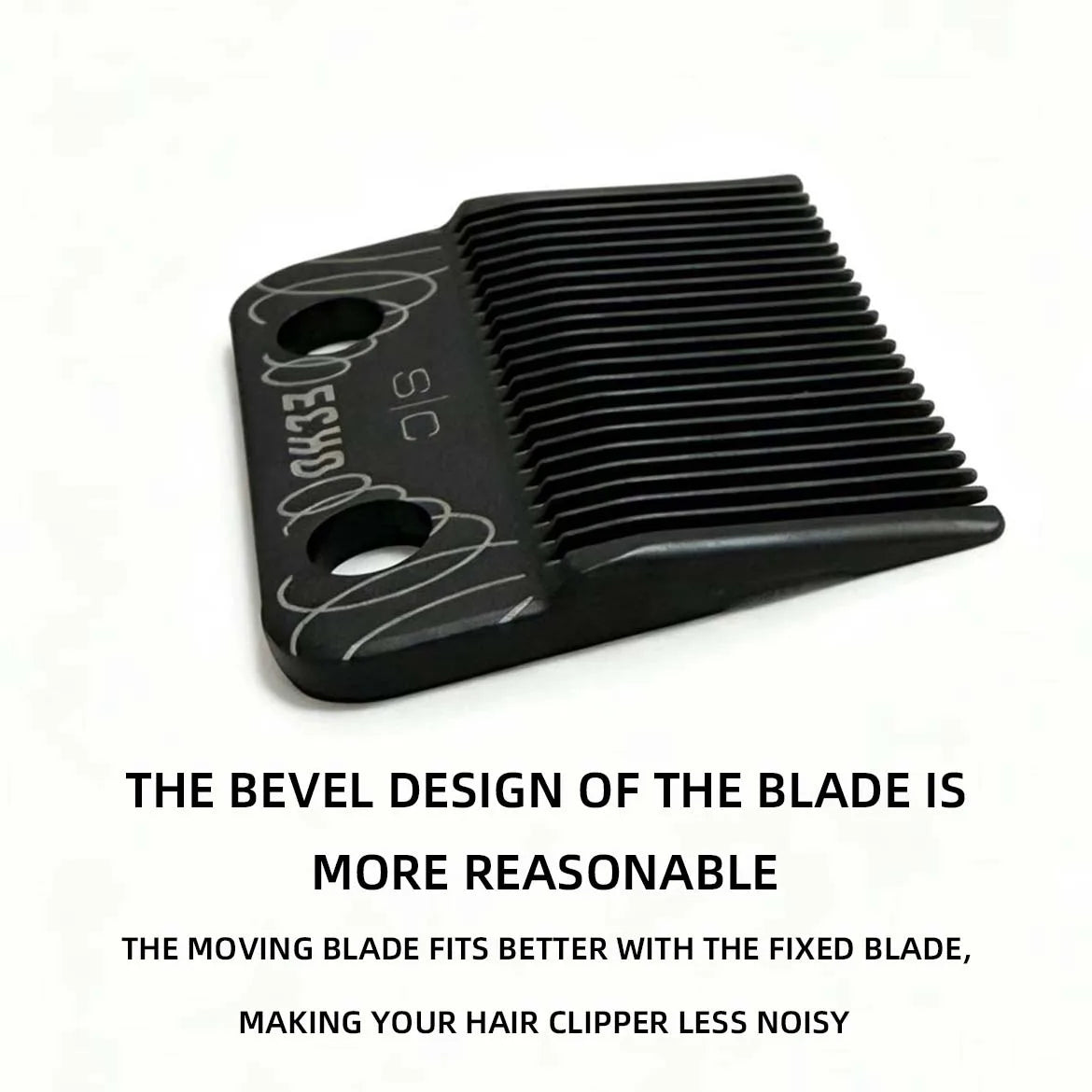 A black professional hair clipper blade with a bevel design shown against a white background.
