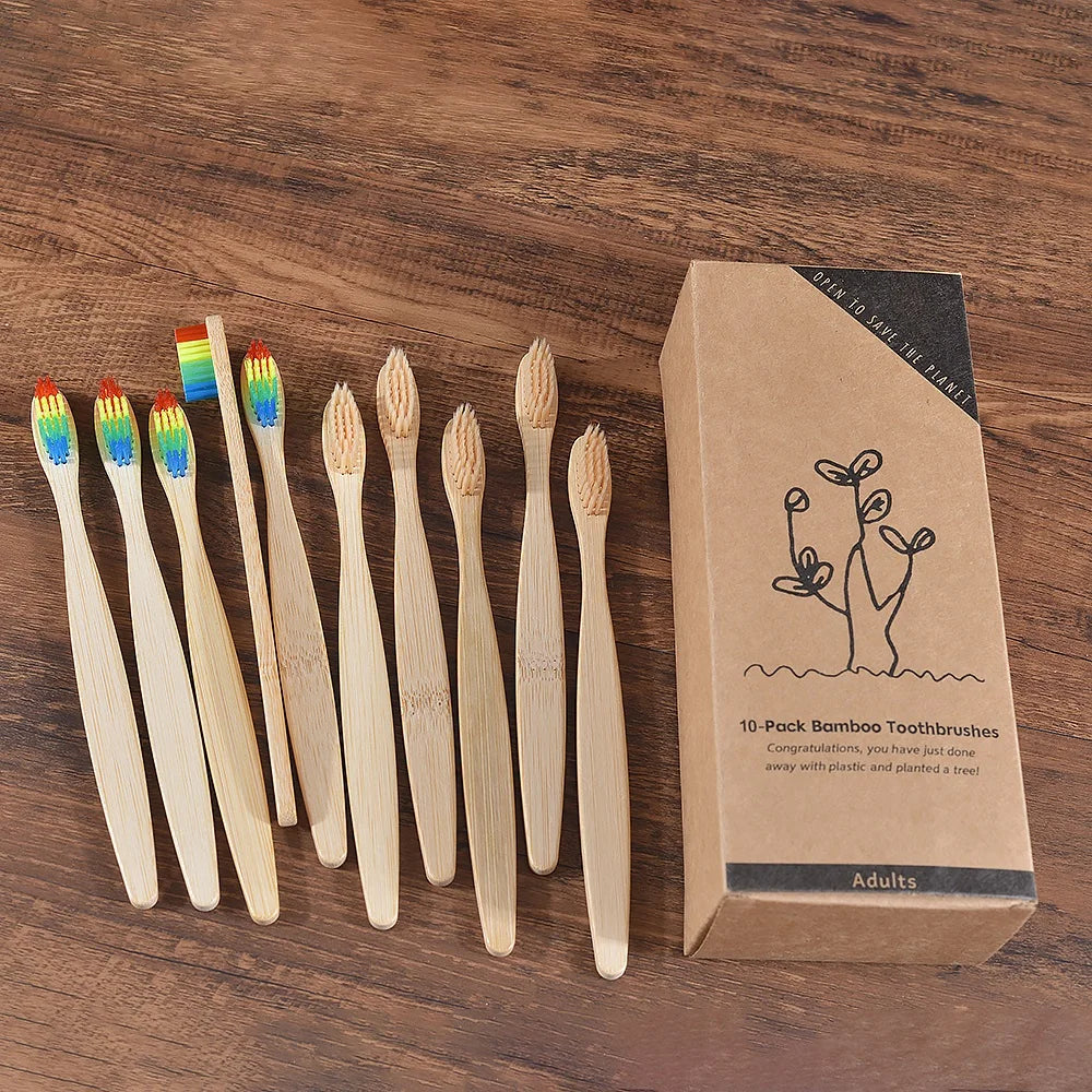 Un set de dix brosses à dents en bambou emballées dans une boîte en carton pour adultes.