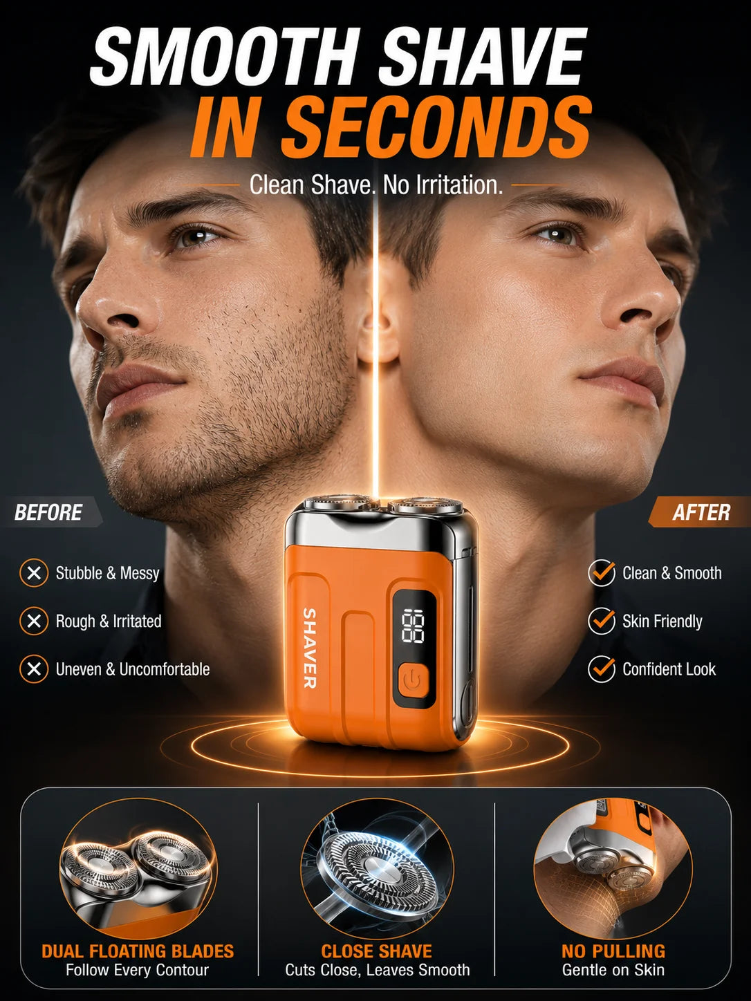 An orange electric beard shaver is shown being used on a man's face, demonstrating a smooth shave.