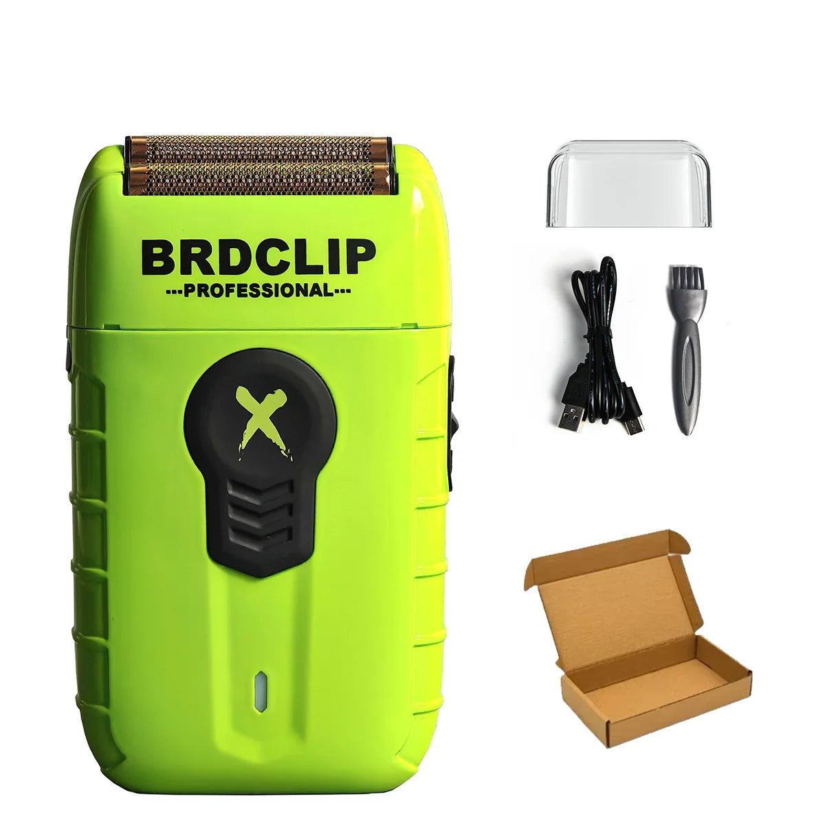A lime green electric shaver with a professional double foil head and accessories shown next to its box.