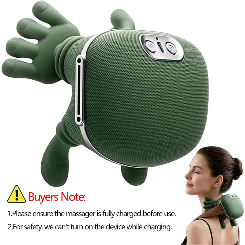 A green deep tissue shiatsu massager is shown, highlighting its design and usage instructions.