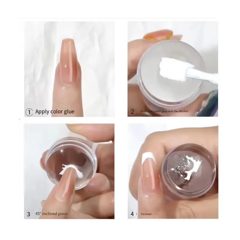A four-step process showing how to apply color glue and press a transparent silicone nail art stamper for nail design.