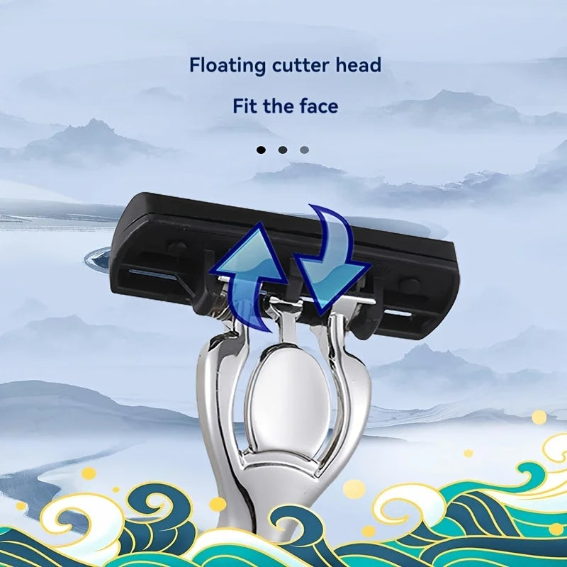 A floating cutter head is shown being fitted onto a safety razor handle against a misty mountain background.