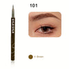 A dark brown liquid eyebrow pen is shown next to a close-up of an eye demonstrating its use for natural brow definition.