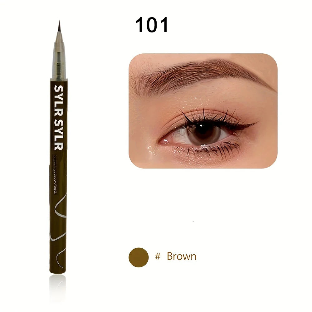 A dark brown liquid eyebrow pen is shown next to a close-up of an eye demonstrating its use for natural brow definition.