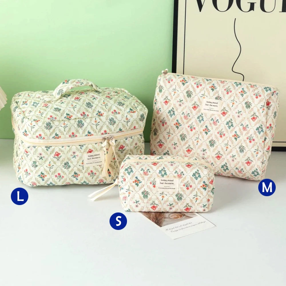 Three quilted cotton makeup bags in various sizes L M S displayed on a white surface.