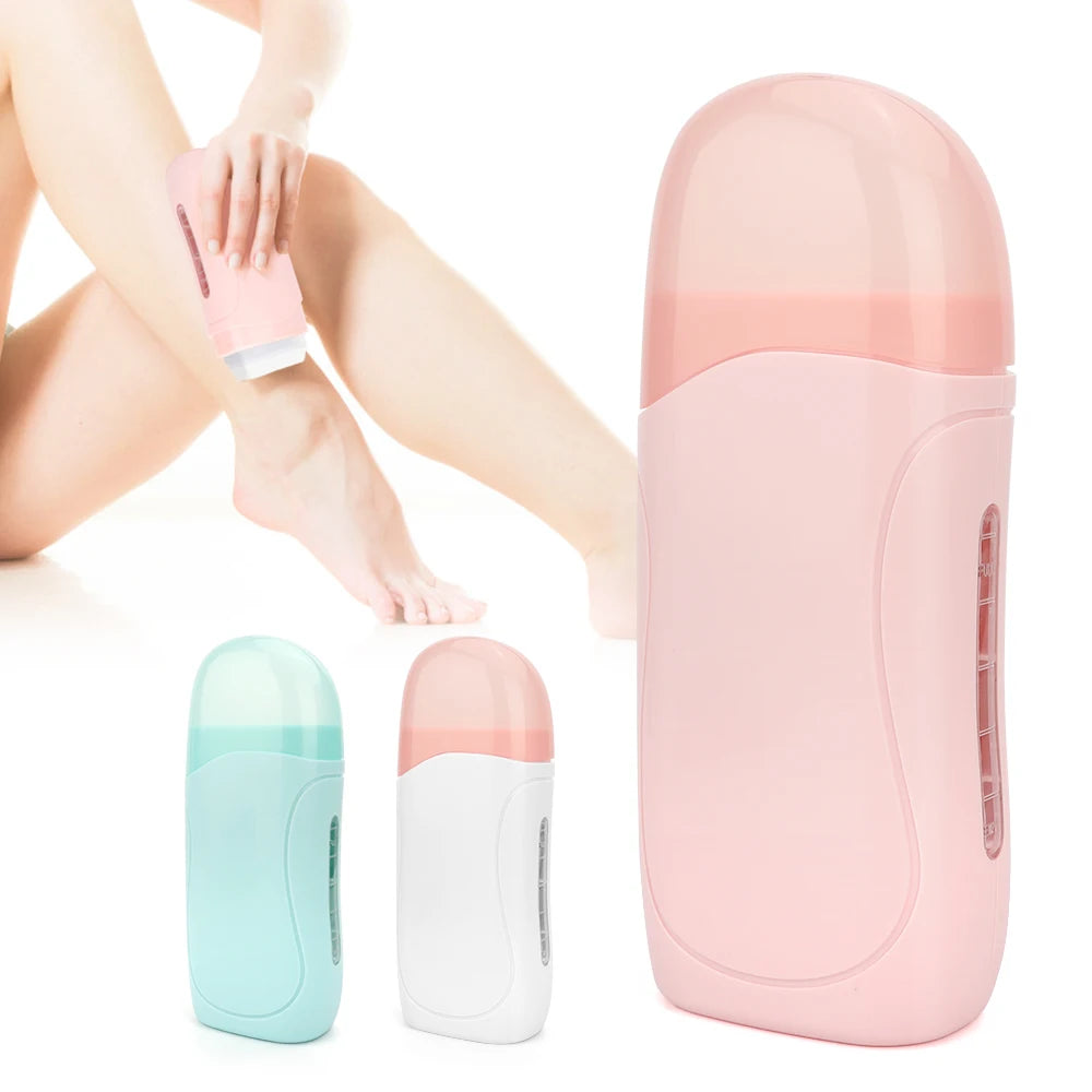 A pink professional waxing heater and depilatory kit shown with a large handheld unit and two smaller versions.