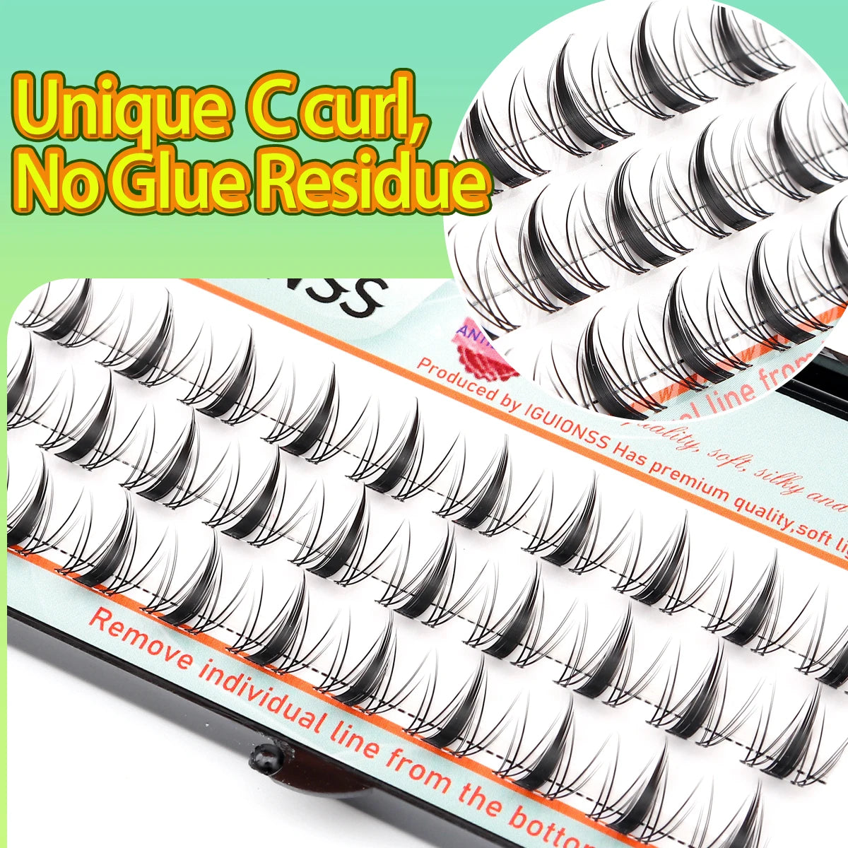 A close-up of black eyelash extensions being removed from a strip, demonstrating no glue residue.