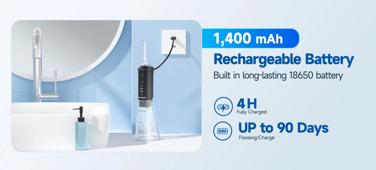 A white electric water flosser oral irrigator is shown next to a sink and a bathroom counter.