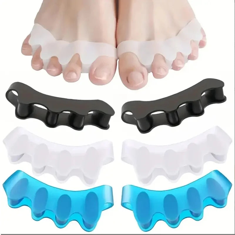 Set of silicone toe separators for foot and bunion relief showing various sizes and colors
