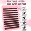 A pink plastic lash tray showing multiple sizes of black false eyelashes ranging from 8mm to 16mm.