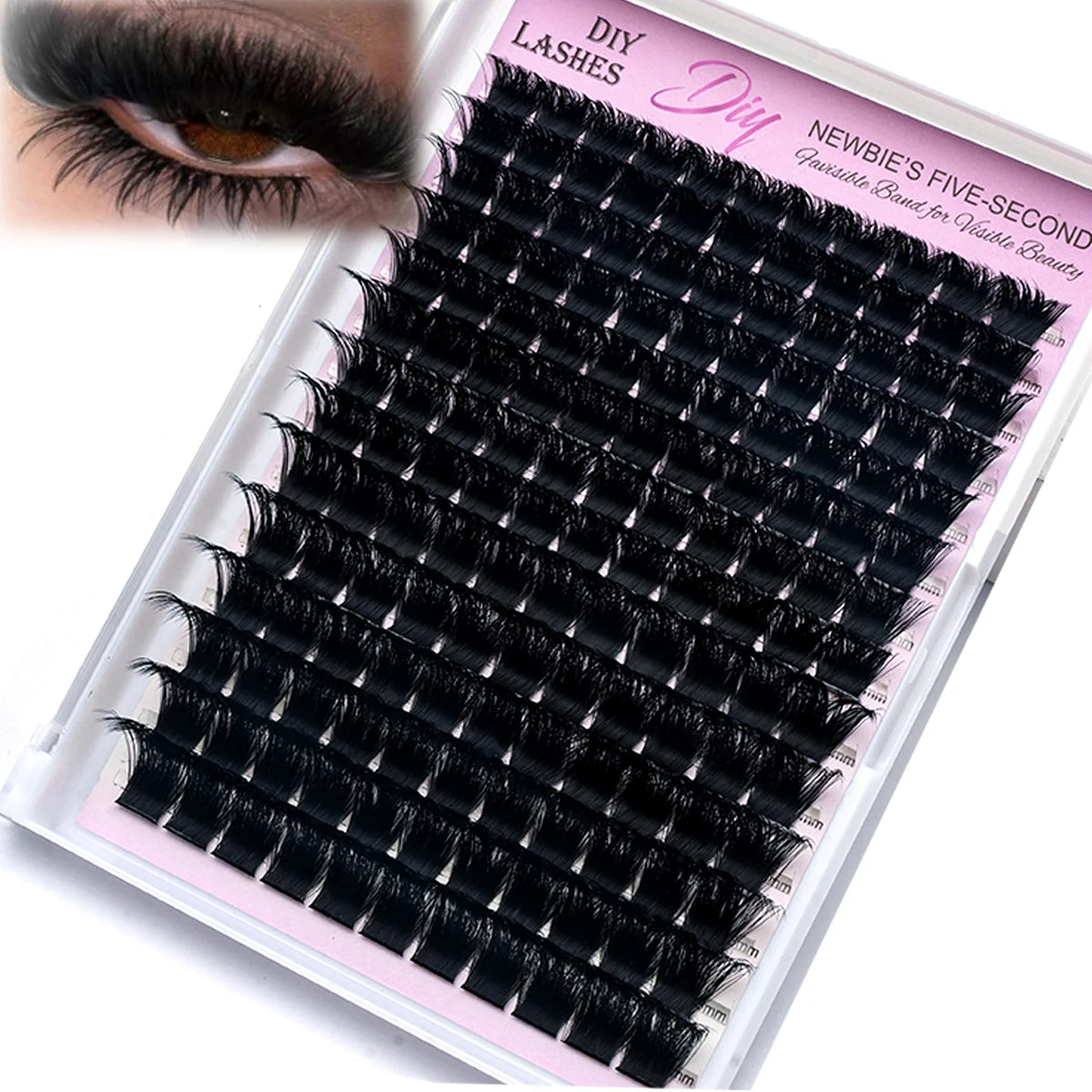 A display of black mink eyelash extensions in a clear case for DIY lash application.