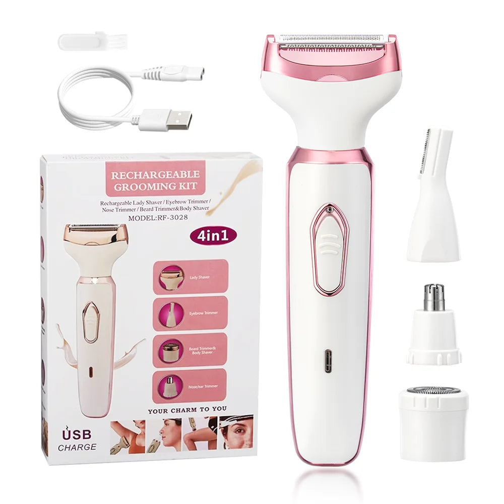 A white rechargeable grooming kit for body hair removal featuring a shaver, trimmer, and nose trimmer.