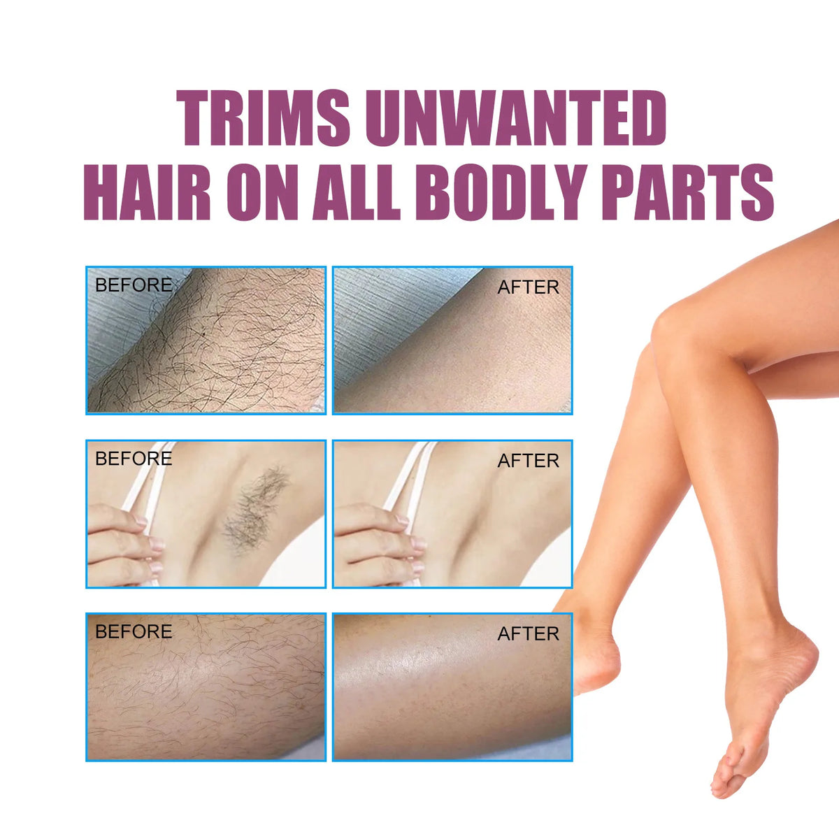 Vorher-Nachher-Bilder der Körperhaarentfernung mit einem Präzisions-Epilator