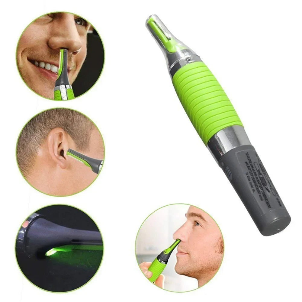 A green and silver rechargeable nose and ear hair trimmer shown in various angles.