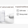 A white portable oral irrigator device showing its features including a jet flush technology, water tank, and four-speed toot