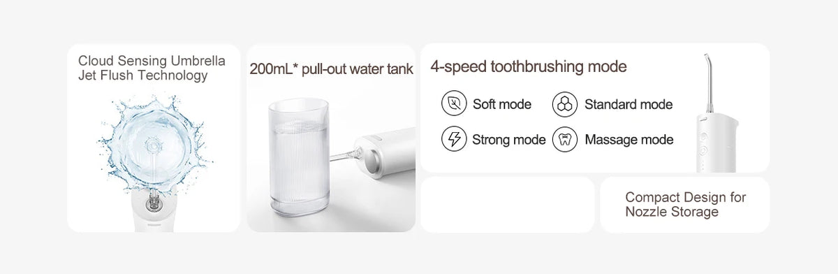 A white portable oral irrigator device showing its features including a jet flush technology, water tank, and four-speed toot