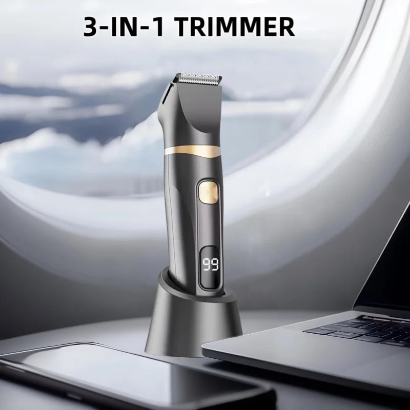 A close-up of a sleek, silver electric body hair trimmer standing on a surface.