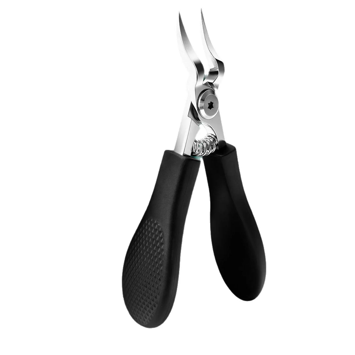 A pair of heavy-duty stainless steel nail clippers with black handles.
