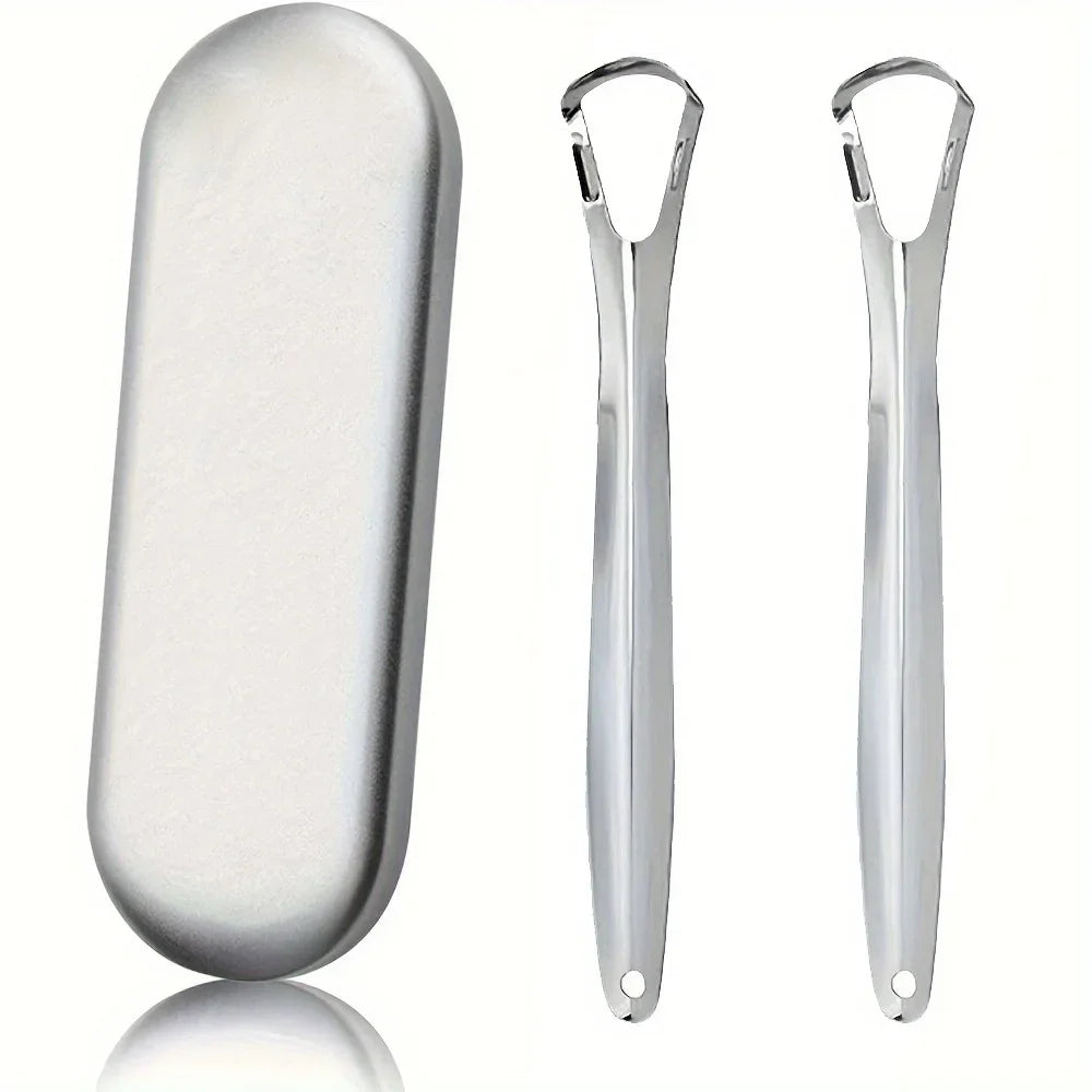 A pair of stainless steel tongue scrapers for oral hygiene shown against a white background.