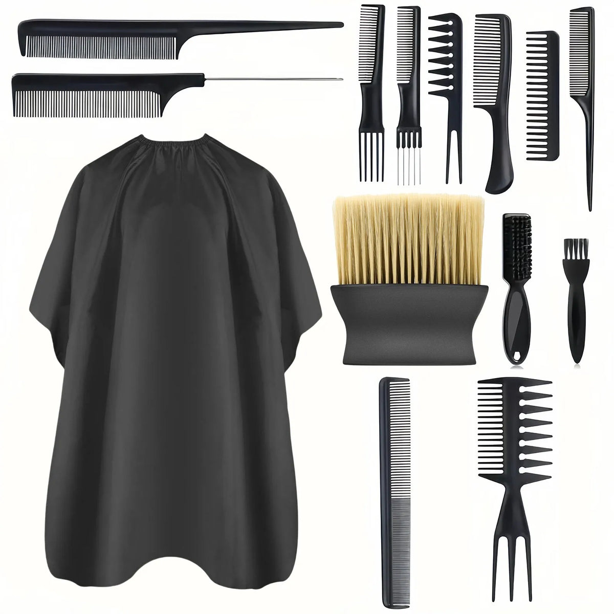 Cape de coiffure noire professionnelle et ensemble de peignes et brosses.